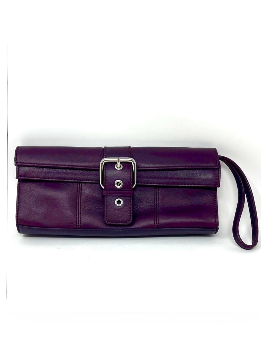 APOSTROPHE GENUINE LEATHER DARK PURPLE PLUM CLUTCH WRISTLET BUCKLE MAGNET SNAP